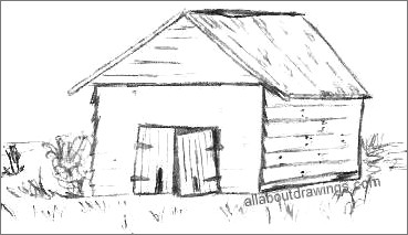 Garden shed and set of geardening tools and lawn mower, vector sketch. |  CanStock